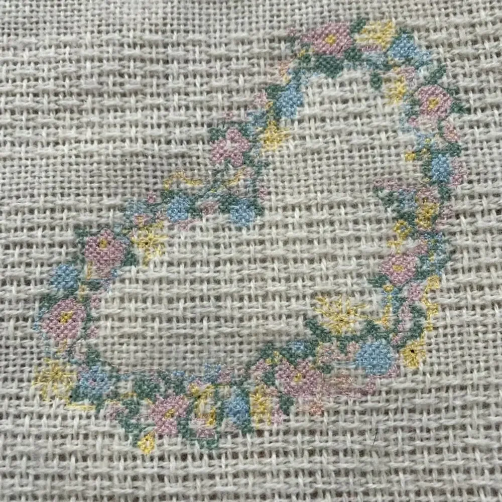 Faribo Waffle Knit Wool Blend Throw Blanket Cream Embroidered Floral Heart 53x49